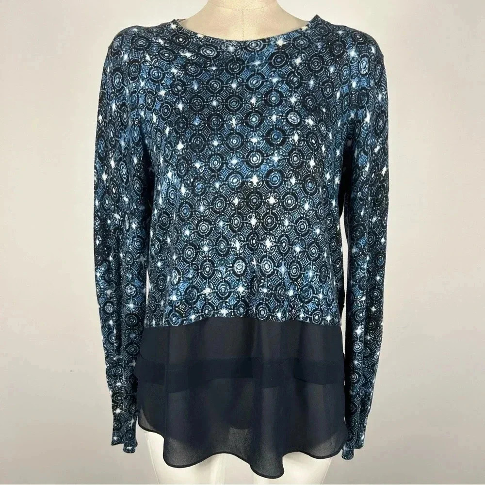 Blue Patterned Women's Sweater with Sheer Hem